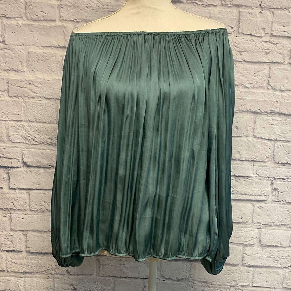 L Love Teal Off-Shoulder Satin Blouse Size M